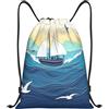 Anceky Zaino con coulisse, resistente all'acqua, con motivo a barca a vela con uccelli, per sport marittimi, palestra, per uomo e donna