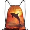 Anceky Zaino con coulisse, resistente all'acqua, con cordino, motivo: tramonto, bellissimo delfino, zaino sportivo, sacco da palestra per uomo e donna