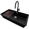 PRIMAGRAN Lavandino sottotop al Mobile 90cm + Rubinetto, 86x47cm | Set: Rubinetto BW9010 + Kit di scarico + Scolapasta avvolgibile + Lavello in Granito a 1 Vasca - Prague 90 Level, Nero