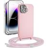 DiDaDi Set di 5 in 1 per iPhone 15 Plus Silicone Custodia con Laccio Tracolla Cellulare + custodia protettiva trasparente, 2 pellicola protettiva + Protezione Pellicola Vetro Fotocamera, oro rosa