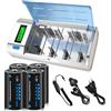 CITYORK Caricabatterie universale con display LCD con funzione di scarica per batterie AA, AAA, C, D, 9V NI-MH con 4 batterie NI-MH D da 10000 mAh