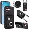 GoodcAcy Custodia a Portafoglio per iPhone 16,Custodia con 360°Metallo Ring Kickstand, Antiurto Protettivo Case con Regolabile Laccio Tracolla Collana per iPhone 16-Nero