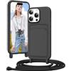 Vauki Cover per iPhone 16 Pro con Cordino Porta Carte, Morbido TPU Silicone Case con Laccio Tracolla, Regolabile e Rimovibile, Antiurto AntiGraffio Case per iPhone 16 Pro, Nero