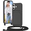 Vauki Cover per iPhone 16 con Cordino Porta Carte, Morbido TPU Silicone Case con Laccio Tracolla, Regolabile e Rimovibile, Antiurto AntiGraffio Case per iPhone 16, Nero