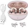 TICFOX Cuffie senza fili Bluetooth 6.0 clip-on, con orecchini a farfalla, leggere, con fiocco, suono stereo, per lavoro, sport, giorno, viaggi (rosa)