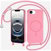 xinyunew Magnetica Cover con Cordino per iPhone 16E/iPhone 17E,[Compatibile con MagSafe], Cover in Silicone, Regolabile Cordino da Collo Nylon Catena Collana Tracolla,rosa