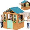 AIYAPLAY Casetta da Giardino per Bambini 3-6 Anni con Snack Bar Giallo | Legno Abete, Casetta Bambini Esterno, Finestra, Mezza Porta, Portavasi, Telo Bersaglio, 4 Palline, Lavagna, 142x120x141.5cm