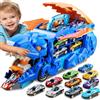 Esteopt Camion Trasporto Giocattolo Auto per Ragazzi Età 3 4 5 6 7, Camion Pista da Corsa Dinosauri Portatile con Set di 12 Dinosauri in Scatola Regalo (Blu)