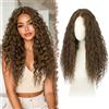 FESHFEN Parrucca Lace Front Ondulate Parrucche Castano per Donna, 65 cm | Lunga Deep Wave Ricci Wig, Sintetici Resistente al Calore Naturali con HD Lace Wigs per Feste Quotidiano ed Eventi Speciali