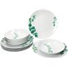 MamboCat Eucalipto: Servizio da Tavola in Porcellana Bianca Con Decorazione Vegetale Verde per 6 Persone - 12 Pezzi, 6 Piatti Fondi e 6 Piani per Zuppa e Pasta