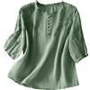 Generic Top da donna Camicie in lino di cotone T-shirt mezza manica corta con volant scollo a V Camicette con bottoni Plus Size Top Ladies Summer T-shirt da donna ricamate, Verde, XL