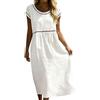 Onsoyours Vestito Estivo Donna Lungo Bohémien Elegante Maniche Corte Abito in Cotone Lino Casual Chic Scollo Rotondo A-Linea Leggero E Traspirante Midi Abiti da Spiaggia Vacanza A Bianco S