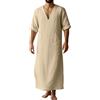 YAOHUOLE Thobe - Caftano da uomo in cotone e lino, con scollo a V, maniche lunghe, tasche