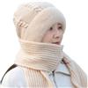 Spunklad Set da donna con protezione per le orecchie integrata, cappello e sciarpa, lavorato a maglia, spesso, in velluto, antivento, con cappuccio, invernale, caldo, beige