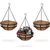 Relaxdays Vasi Sospesi per Piante, Set 3 Portavasi in Fibra di Cocco e Ferro, HD 50x31 cm, Indoor&Outdoor, Nero Naturale