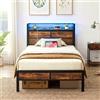 IRONCK Letto Singolo 90x200 cm, Struttura Letto Singolo 90x200 cm con Luce LED e Stazione di Ricarica (2 Prese CA, 1 Porte USB+Type-C) Telaio Letto in Metallo, spazio di, Marrone Vintage