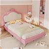 Merax Lettino imbottito per bambini, 90 x 200 cm, letto singolo con testa a corona, rete a doghe stabili, rosa + bianco PU, bordi protettivi morbidi e piedini in metallo
