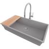 PRIMAGRAN Lavandino sottotop al Mobile 90cm + Rubinetto, 86x47cm | Set: Rubinetto BW6030 + Kit di scarico + Tagliere + Lavello in Granito a 1 Vasca - Prague 90 Level, Grigio