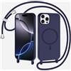 xinyunew Magnetica Cover con Cordino per iPhone 15 Pro Max,[Compatibile con MagSafe], Cover in Silicone, Regolabile Cordino da Collo Nylon Catena Collana Tracolla,blu