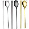 YAPULLYA Set di 3 bacchette coreane riutilizzabili e cucchiaio, multicolore (argento+oro+nero), in acciaio inox con manico lungo piatto quadrato e posate piatte.