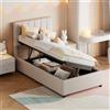 fangange Letto singolo imbottito 90 x 200 cm con contenitore, letto contenitore idraulico con rete a doghe, letto con molle e spazio contenitore, letto per bambini con testiera regolabile, beige, lino