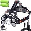 NONE Torcia frontale a LED ricaricabile 5x LED CREE XM-L T6, potente lampada frontale con 2 batterie agli ioni di litio 18650 da 4200 mAh, caricatore da rete e per auto, corpo in alluminio impermeabile
