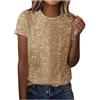 Generico Maglietta Donna Manica Corta T Shirt Paillettes da Donna Camicie con Scollo Rotondo Magliette Glitterate Top A Corta Camicette Estivo Maglie Estive Curvy T-Shirt Cotone Mezze Oro XXL