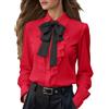 Generisch Camicetta Elegante da Donna in Satin, con Bottone, con Fiocco, con Nastri da Legare, Camicia da Donna con Maniche Lunghe, Camicetta da Ufficio, Camicetta Casual, Camicetta da Lavoro, O rosso