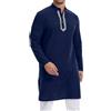 YAOHUOLE Kurta da uomo in cotone e lino, a maniche lunghe, con tasche, blu navy, L
