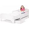 BAYAGU Letto Bambini 140x70 cm con Materasso Schiuma Lettino Cameretta Pannello Truciolare Rete con Tubi in Metallo Cassetto Estraibile Sponde Protettive Laterali Colore Bianco