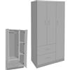 MA MAISON Armadio Guardaroba 80x50x180h CM - 3 Ante, 2 Cassetti, Ripiani, Appendiabiti Alto, Maniglie, Struttura in Legno Truciolare, Spazioso, Salvaspazio, Cabina Armadio, Camera - (Grigio)