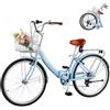 VEVOR Bicicletta Cruiser Telaio in Acciaio Pieghevole Carico 150kg Azzurra Cambio a 7 Velocità, Cestino Anteriore, Portapacchi Posteriore Doppi Freni V-Brake, Spostamenti Quotidiani, Strade Cittadine