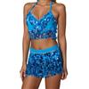 DASONLUE Costume sexy da danza del ventre, da donna, con frange, nappa, fianchi, con brillantini, per carnevale, set di top dorato e gonne, festival, feste, 2 pezzi, Blu, Taglia unica