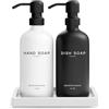 Brighter Barns - Set di dispenser di sapone per mani e piatti, in vetro, con vassoio, per cucina, casa o ristorante, decorazione moderna per la cucina di fattoria (nero/bianco)