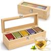 AiQInu Porta Bustine di Tè, Porta Té in Bambù con 5 Scomparti, Portacialde da Caffe, Contenitore con Vetro Trasparente, Grande Capacità, Anti umidità, Scatola Regalo per Cucina, Colore Naturale