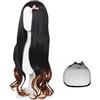 Pwsap Cosplay Parrucche Parrucca da Donna, Nere Ricce Lunghe Sciolti Parrucche Punte Sfumate Arancioni con Cuffia per Parrucca Fiocco Rosa Forcina per Halloween Carnevale Natale Compleanno