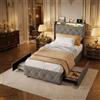 LieABak Letto per ragazzi 90 x 200 cm, con testiera, vano portaoggetti con 2 cassetti, letto singolo con rete a doghe, letto funzionale con LED, flanella, grigio, senza materasso (grigio, 90 x 200 cm)