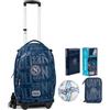PRESTIGE & DELUXE Trolley con Zaino scuola staccabile Napoli Tondo Blu Primaria secondaria e mini pallone + Astuccio 3 piani completo di cancelleria + Diario standard 18x14 cm + Borraccia + portachiave squadra