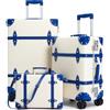 Urecity Set di valigie retrò da 3 pezzi, in pelle, stile vintage, elegante e spazioso, con robusto telaio in alluminio, Bianco con blu, S(12)+M(20)+L(26), Vintage