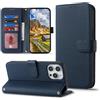 CAVOR Custodia a portafoglio compatibile con iPhone 15 Pro, in vera pelle, con 4 scomparti per carte, fibbia, blocco RFID, blu