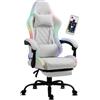 Delman Sedia da gaming da ufficio con LED, illuminazione RGB, sedia girevole, imbottitura spessa, base in metallo, poggiapiedi 02-0055 (bianco)
