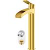 Phiestina, rubinetto miscelatore a cascata, per lavandino, vasca da bagno, in oro spazzolato, monocomando, 1 foro, con scarico pop-up e tubi dell'acqua, NS-SF01-BG-V