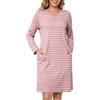 Lovasy Camicia da Notte in Cotone Donna Invernale Maniche Lunghe | Abito da Notte Allattamento con Scollo a V Righe Pigiama Vestaglia Bottoni Davanti con Tasche