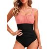 OUSIMEN Costume da bagno intero da donna con design increspato e collo quadrato, con controllo della pancia, costume da bagno modesto, Nero e rosa., XXL