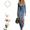 Ruhemeister Pro Abito Maxi a Maniche Lunghe con Scollo a V da Donna, Abito in Denim Midi Estivo da Donna, Abito Maxi in Denim Sexy, Elegante, Comodo e Avvolgente