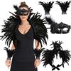 Huahuanghui Set Scialle Piume Nere, con Polsini Piuma Nero, Gotico Piuma Naturale Girocollo, Scialle Gotico di Piume, Halloween Carnevale Cosplay Costume