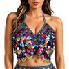 Baisdan Top da donna per danza del ventre con paillettes e nappe dorate, vestito da festival per rave, carnevale, Halloween e spettacoli di danza teatrale