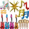 FcaecY 16 pezzi a tema musicale per feste, strumenti gonfiabili a tema anni '80 e | Gonfiare chitarra, microfono, pattini, note musicali, occhiali, oggetti di scena per feste per adulti decorazione