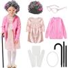 JoyFuncos Costume da nonna, per bambine, vestito da nonna, parrucca, occhiali, collana, cosplay, Halloween, 100 giorni di scuola, Giornata mondiale del libro (rosa, 120)