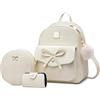 FOLOVEYA Zaino da Donna Antifurto Zainetto Piccolo in Pelle PU Borsa Zaini Ragazza con Cute Bowknot Borse a Tracolla Set 3 Pezzi con Portafoglio per Viaggio Lavoro Ufficio Bianco